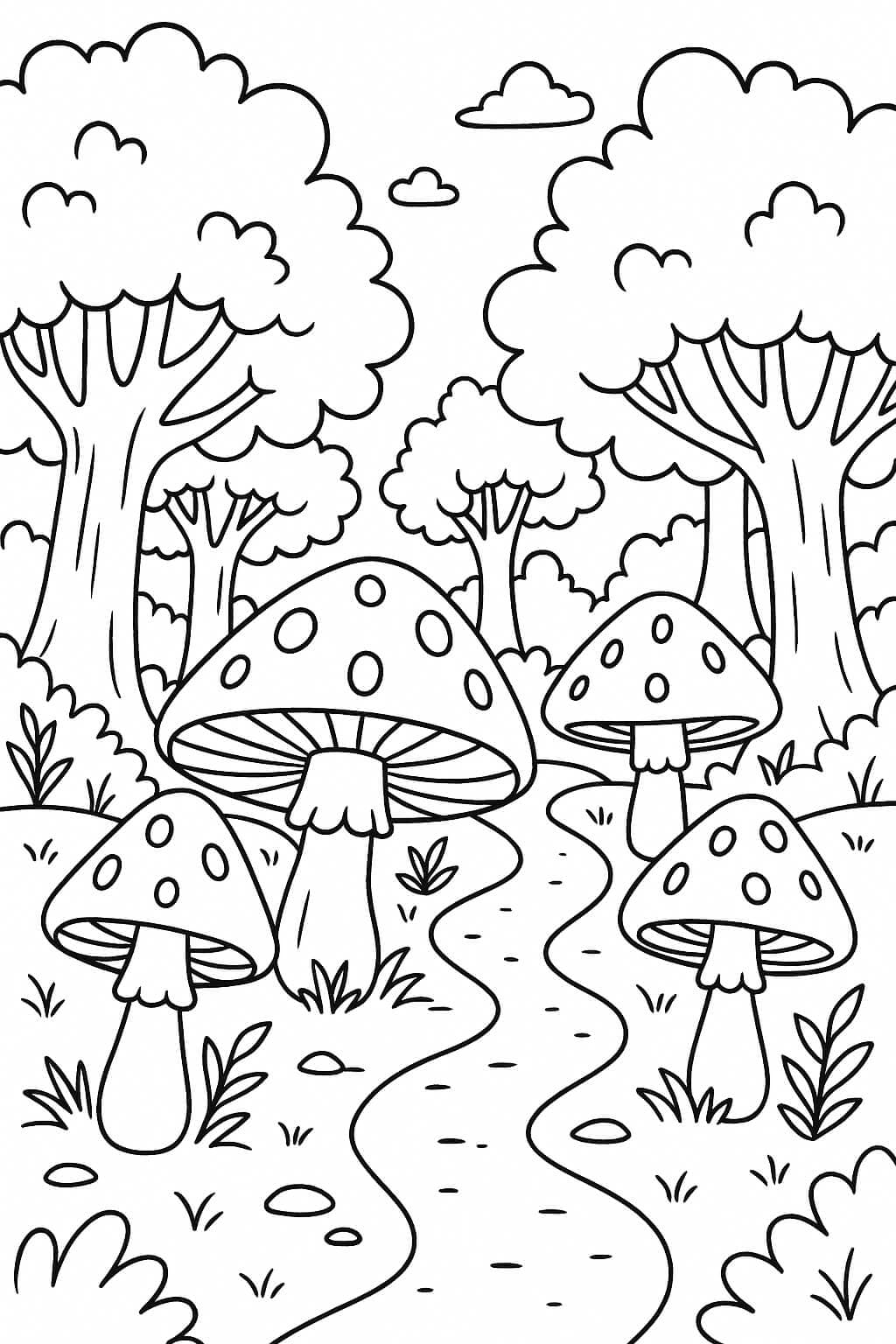 Floresta mágica com cogumelos para colorir