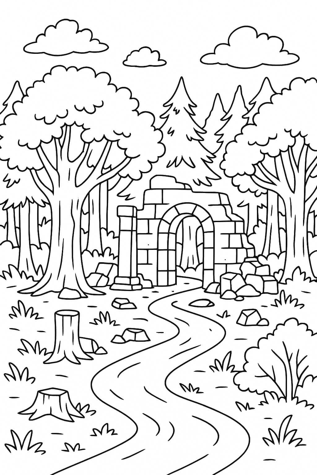 Ruínas na floresta para colorir