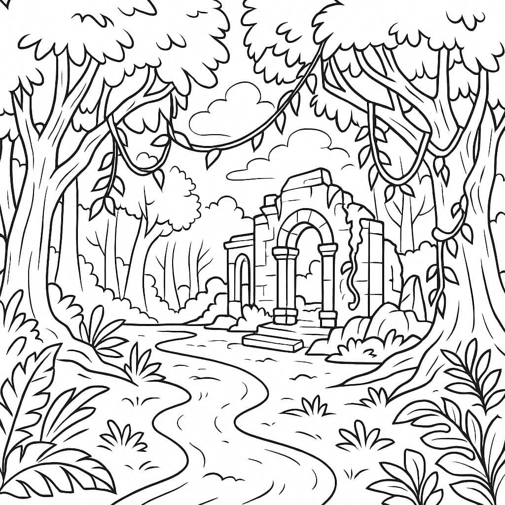 Templo em ruínas na floresta para colorir