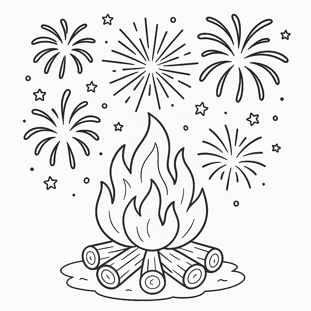 Fogueira e fogos de artifício para colorir