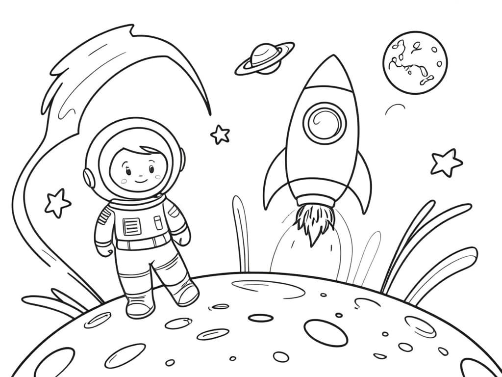 Foguete e astronauta para colorir