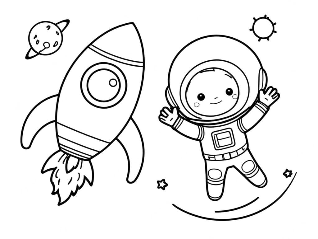 Foguete e menino astronauta para colorir
