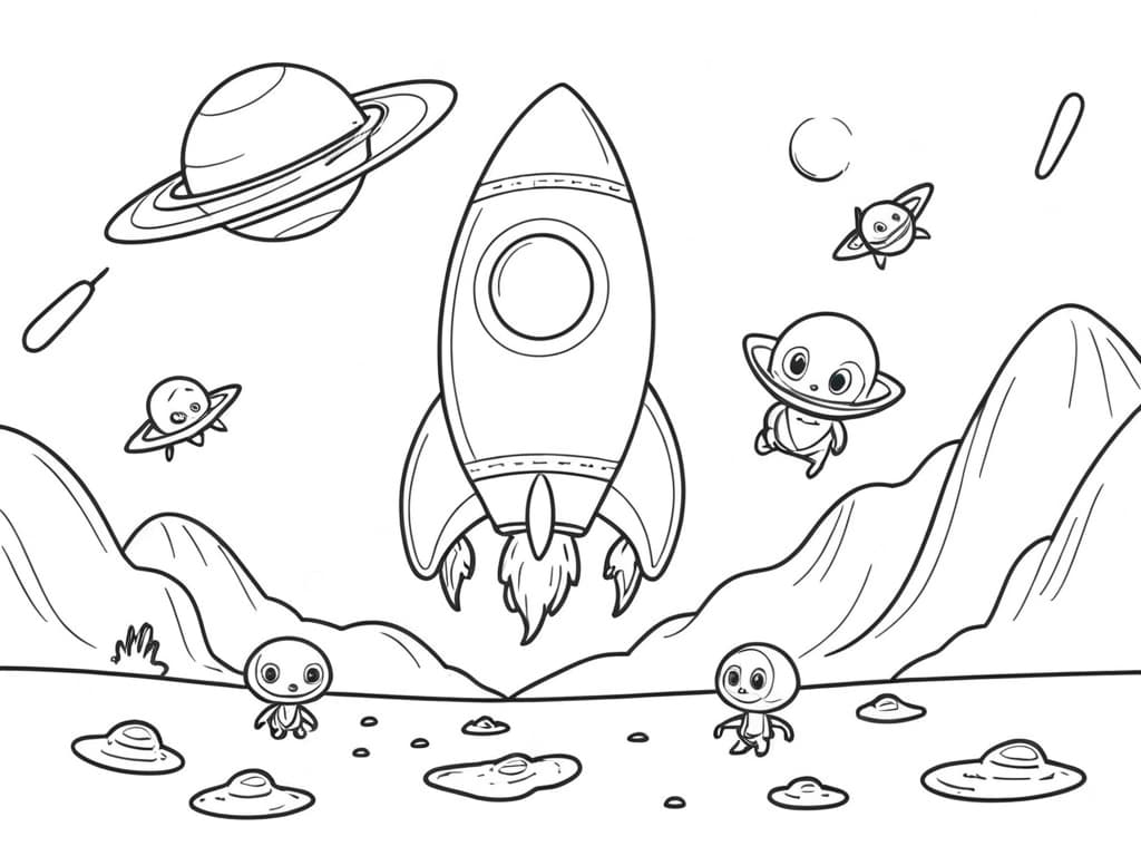 Foguete em um planeta alienígena para colorir