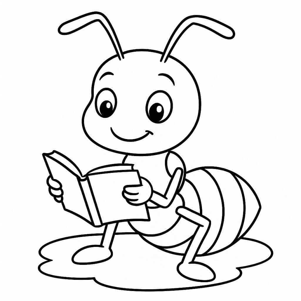 Formiga lendo livro para colorir