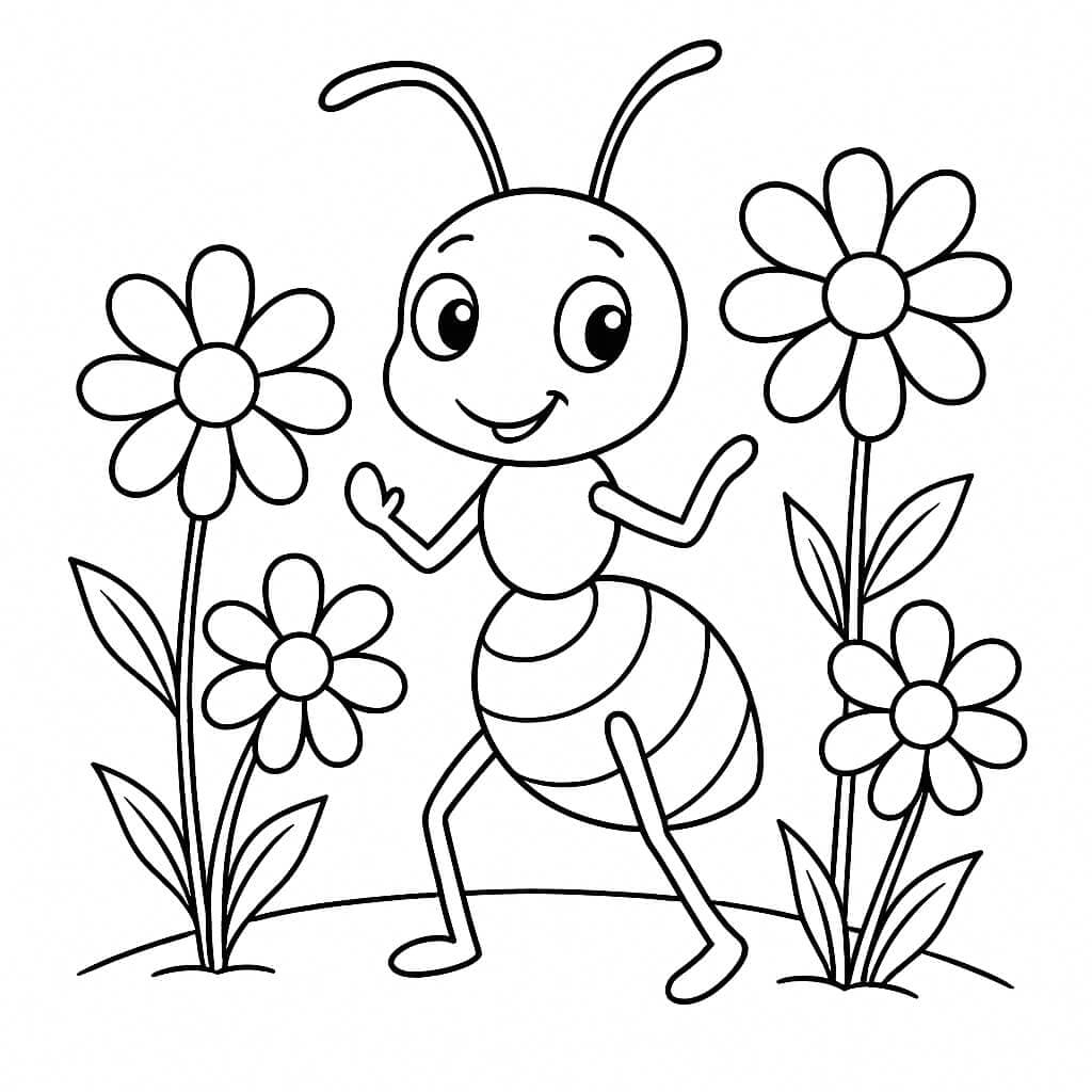Formiga no jardim com flores para colorir