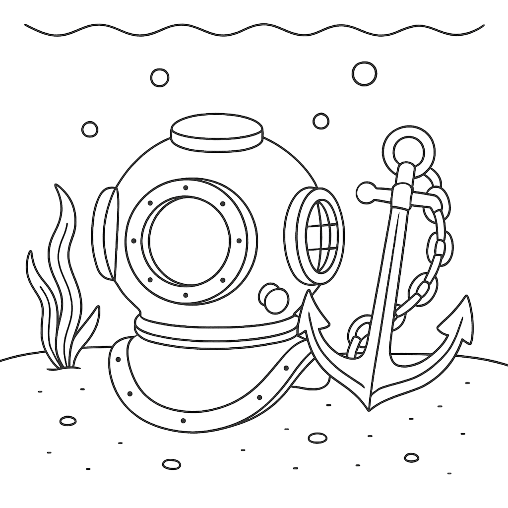 Âncora e capacete de mergulho no fundo do mar para colorir