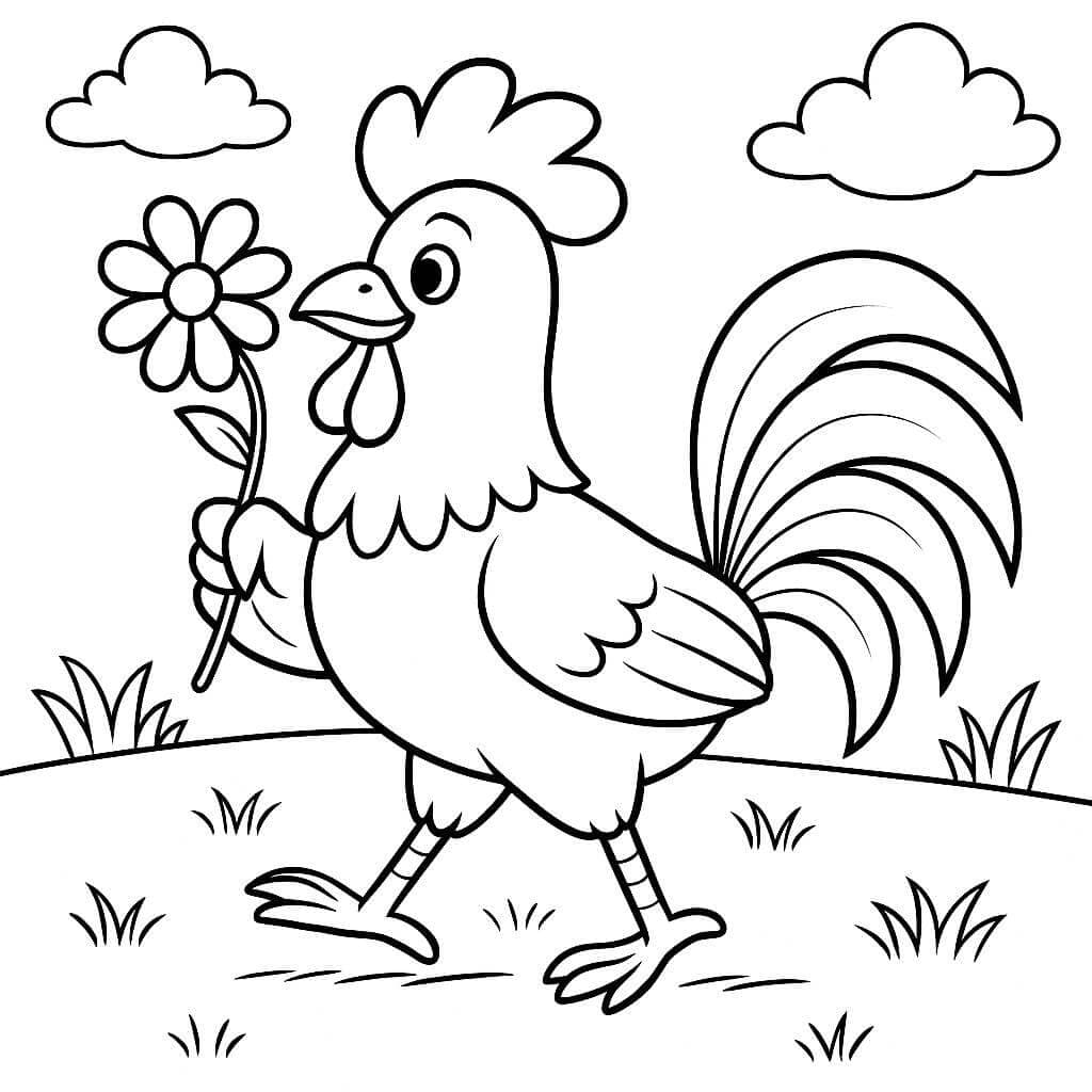 Galo caminhando com flor para colorir