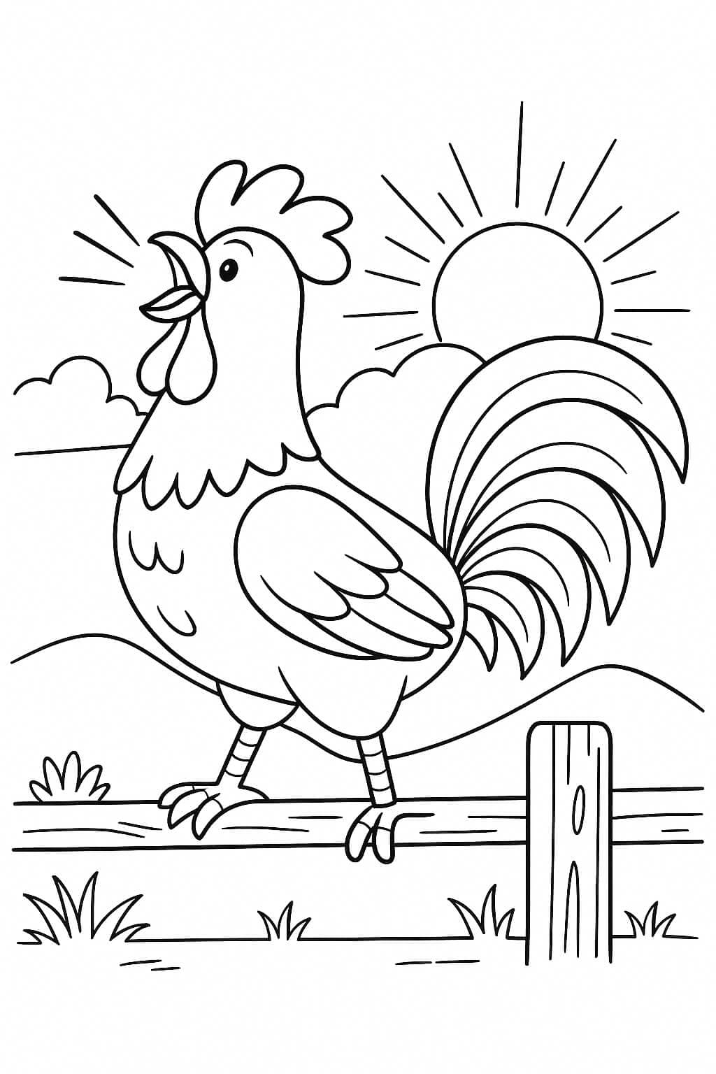 Galo cantando ao amanhecer para colorir