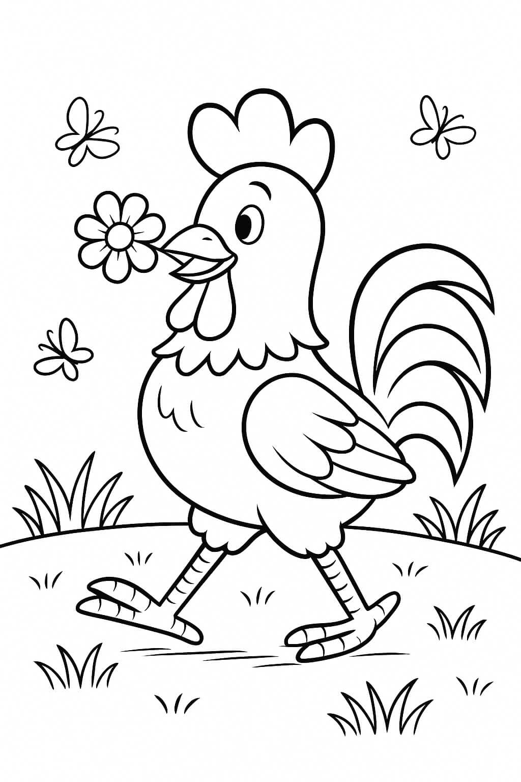 Galo com flor para colorir