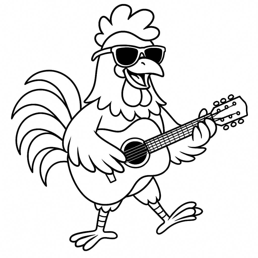 Galo de óculos tocando violão para colorir