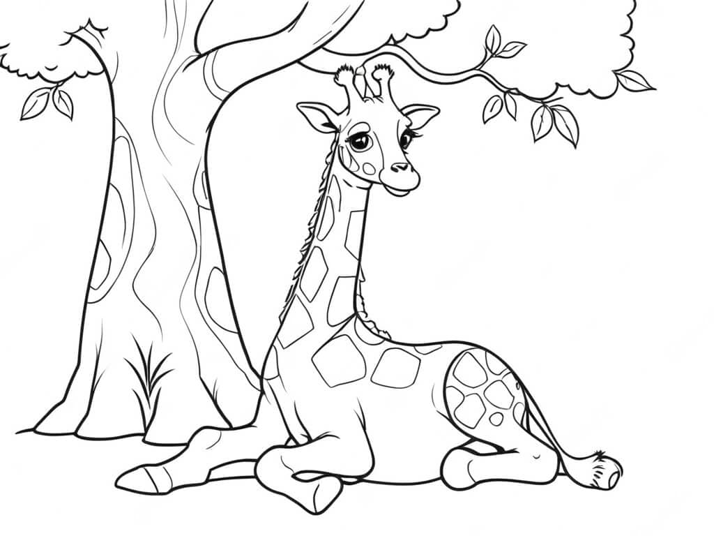 Girafa descansando na árvore para colorir