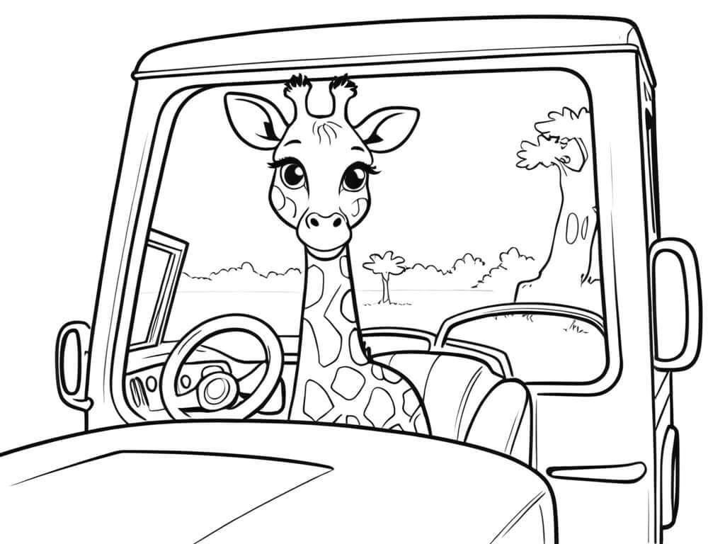 Girafa em um carro de safári para colorir