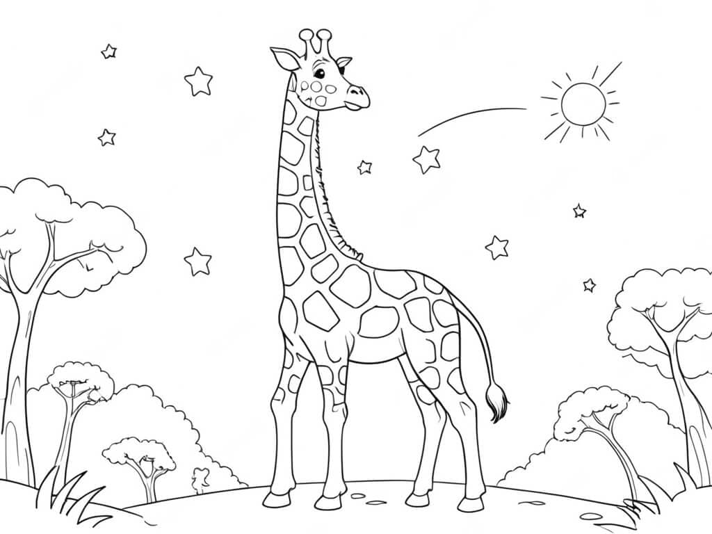 Girafa no céu estrelado para colorir