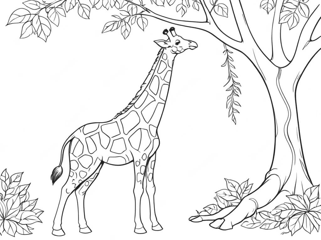 Girafa procurando alimento na árvore para colorir