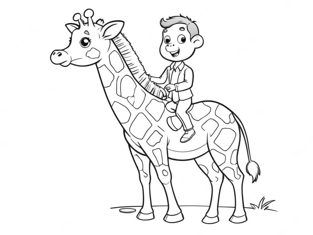 Menino montando uma pequena girafa para colorir