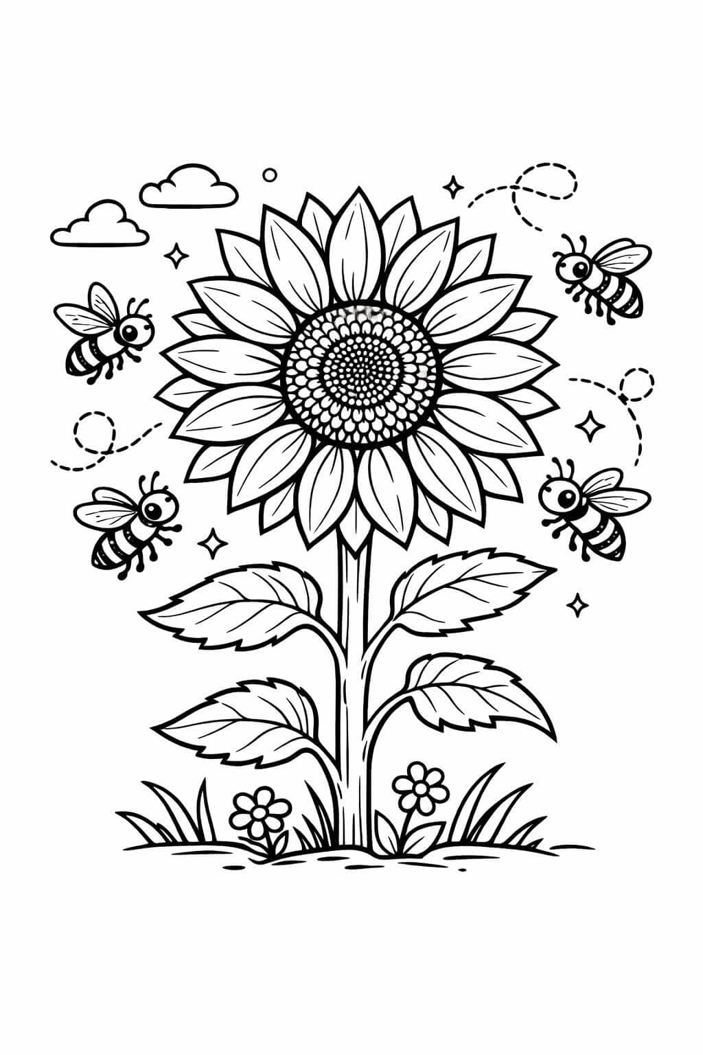 Girassol com abelhas voando para colorir