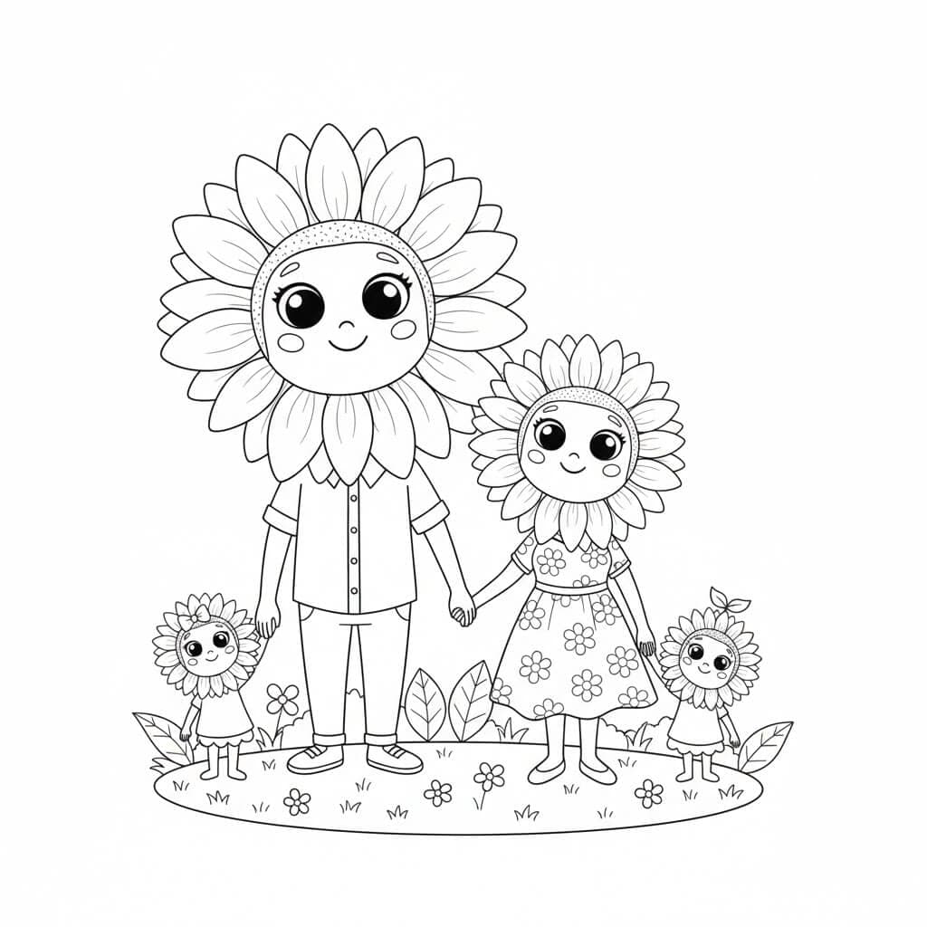 Família de girassóis para colorir