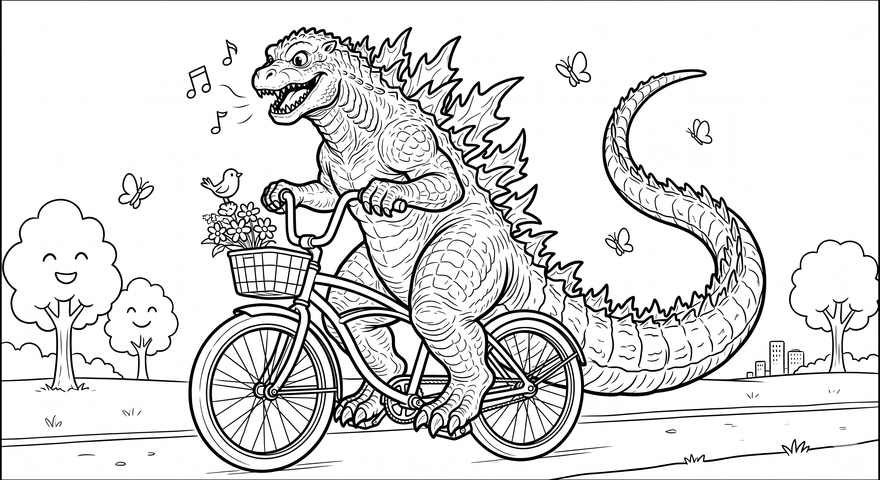 Godzilla andando de bicicleta para colorir