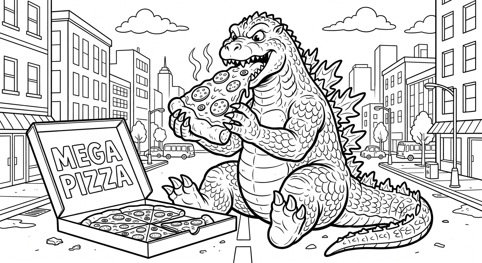 Godzilla comendo pizza para colorir