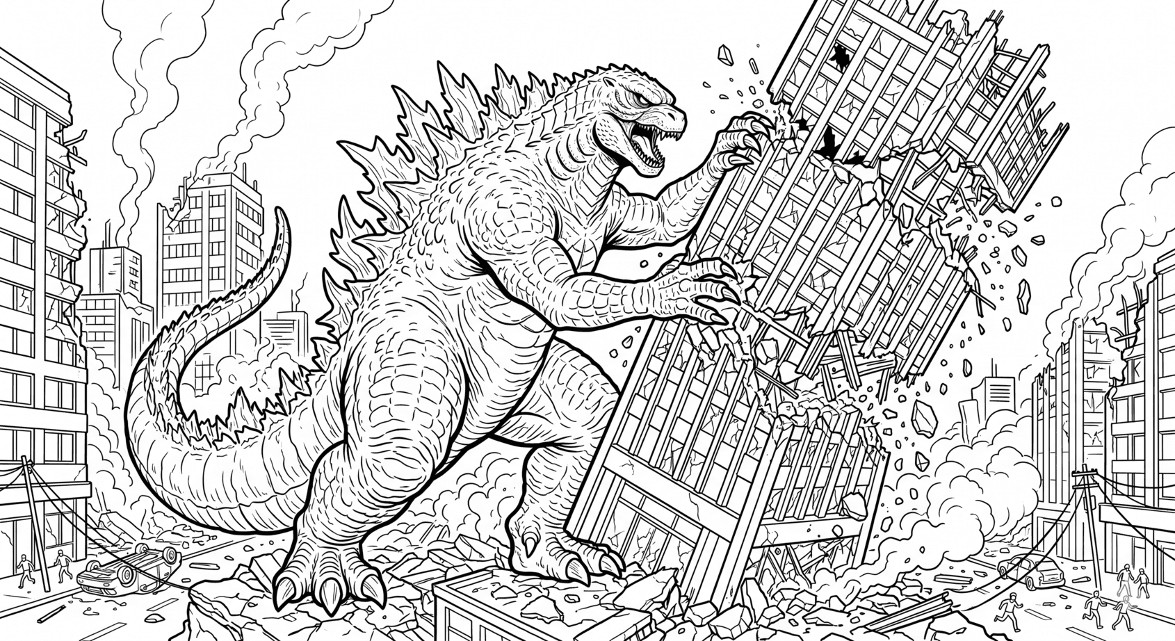 Godzilla derrubando prédio para colorir