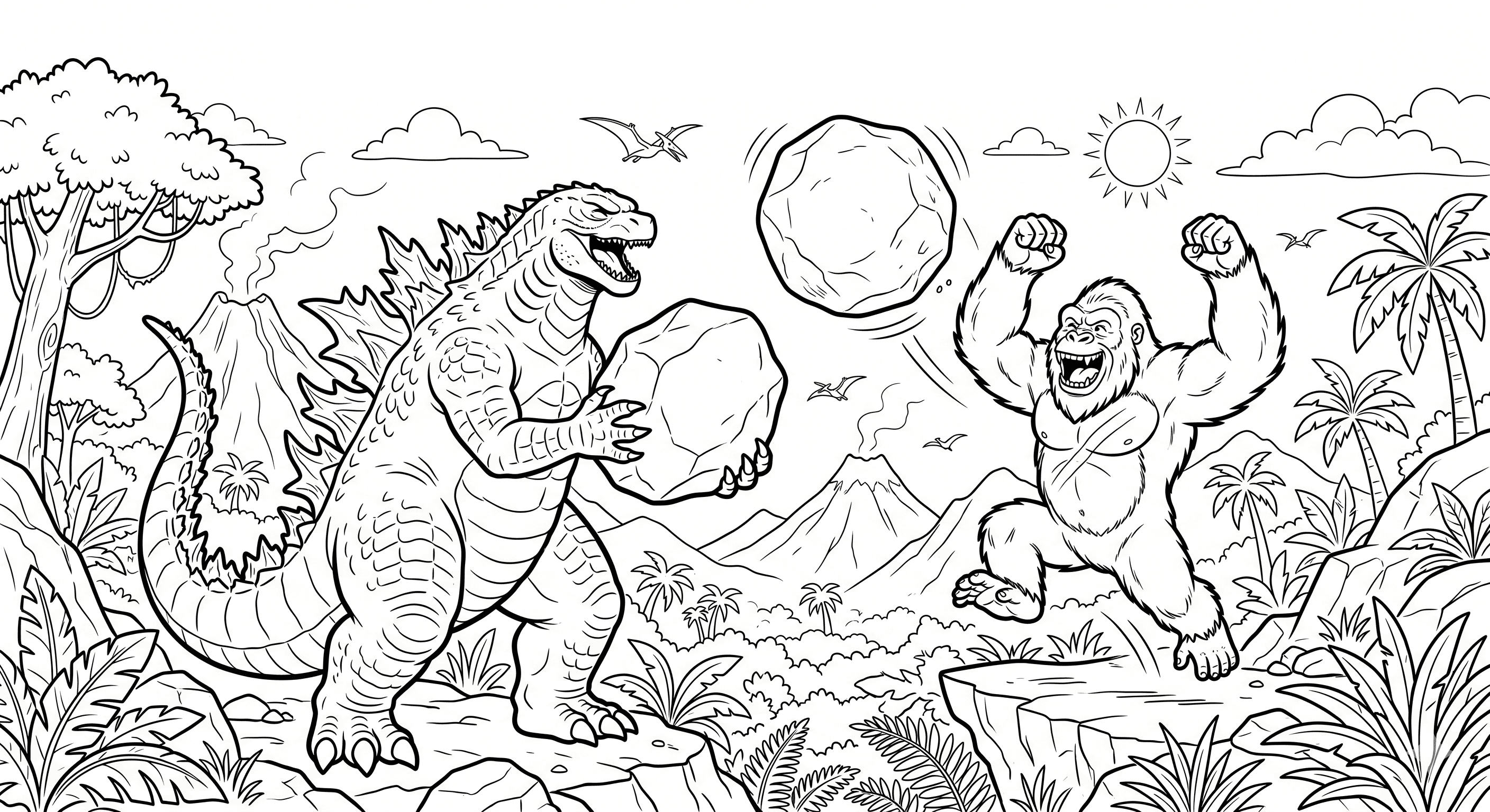 Godzilla e Kong brincando para colorir