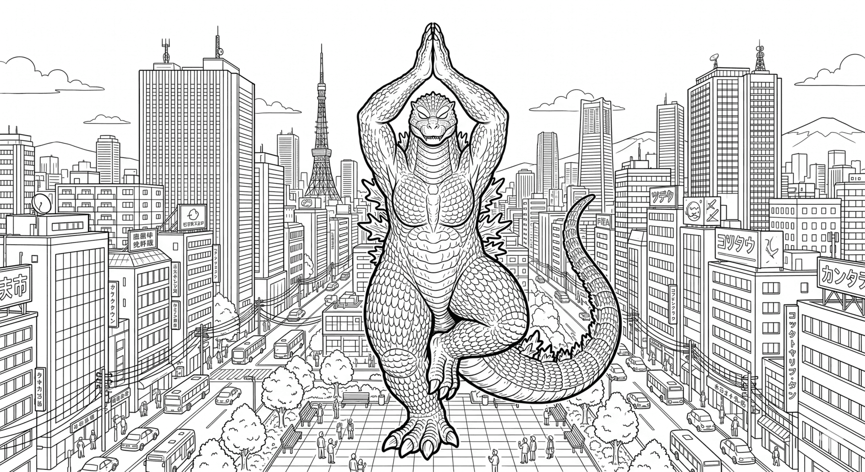 Godzilla fazendo yoga para colorir