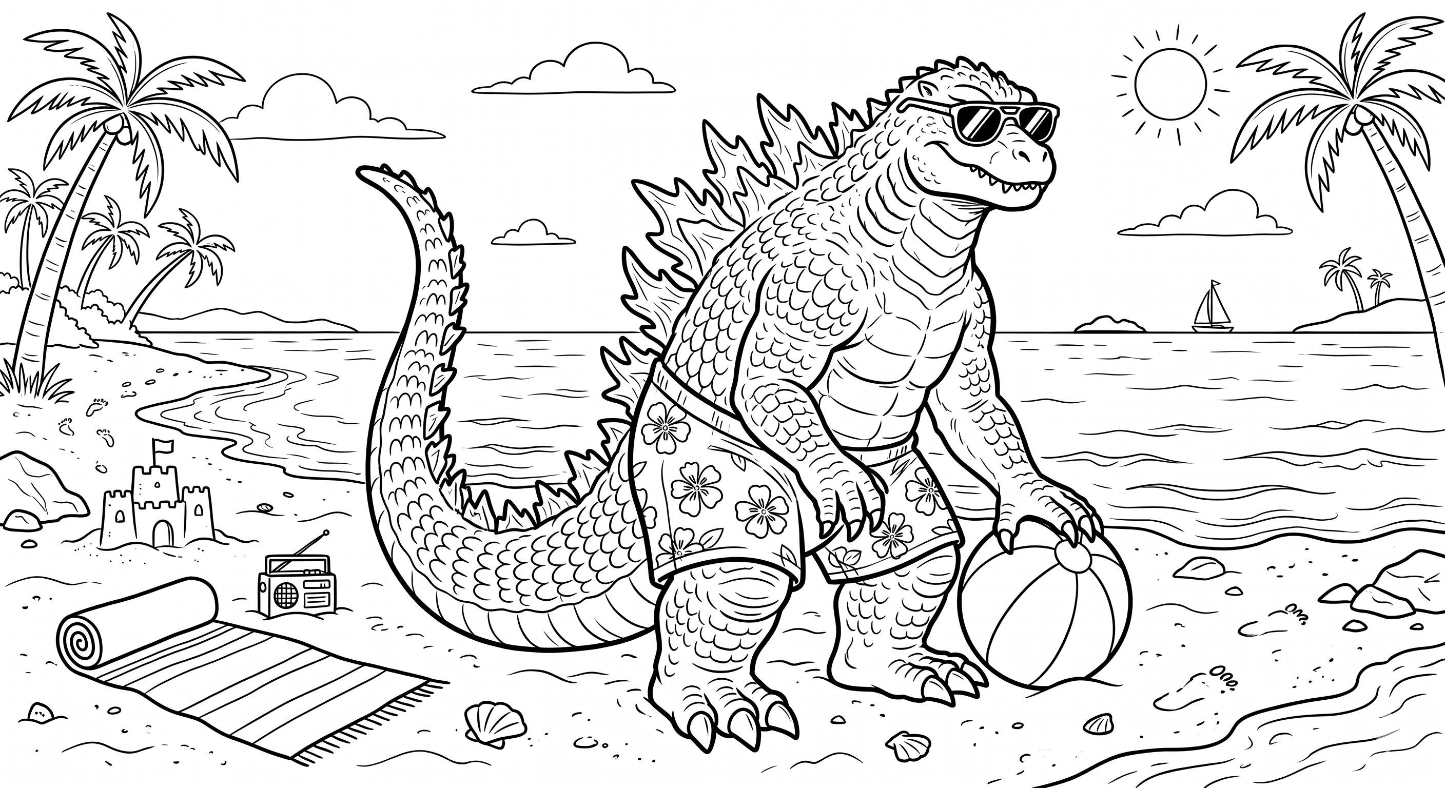 Godzilla na praia para colorir