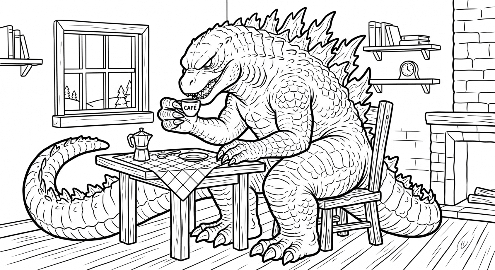 Godzilla tomando café para colorir
