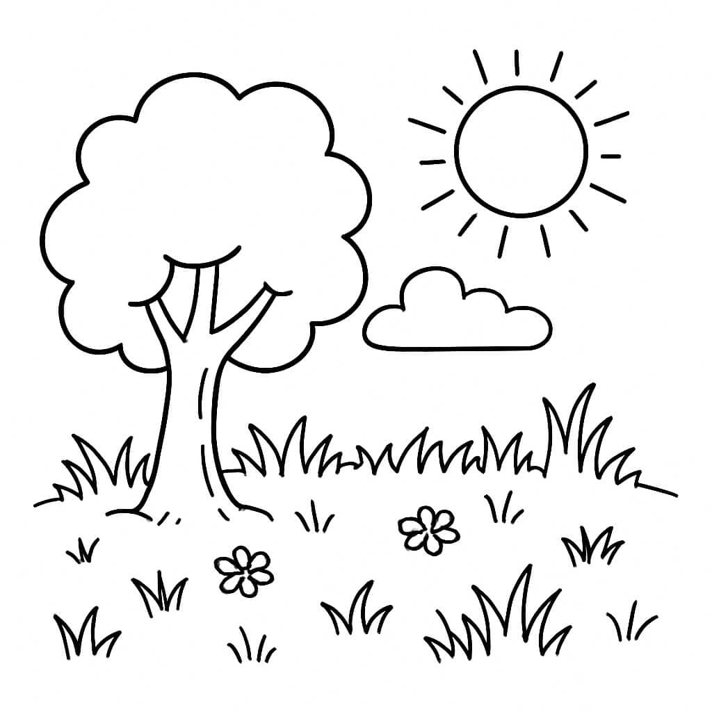 Grama com árvore e sol para colorir