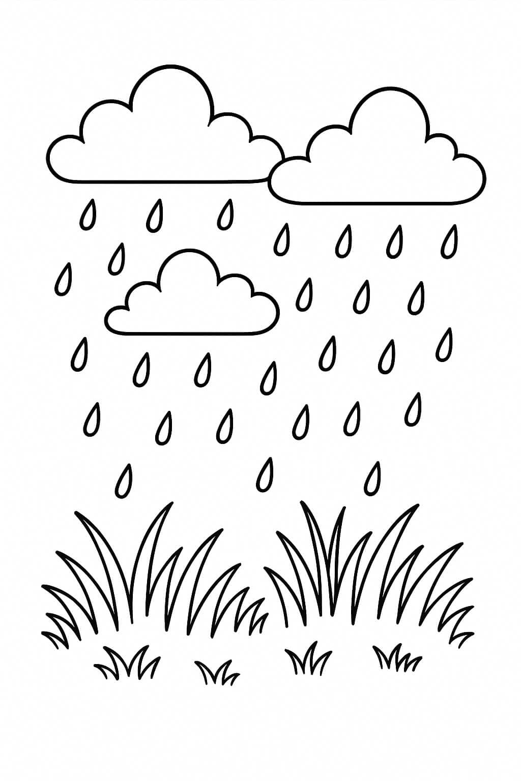 Grama com chuva e nuvens para colorir