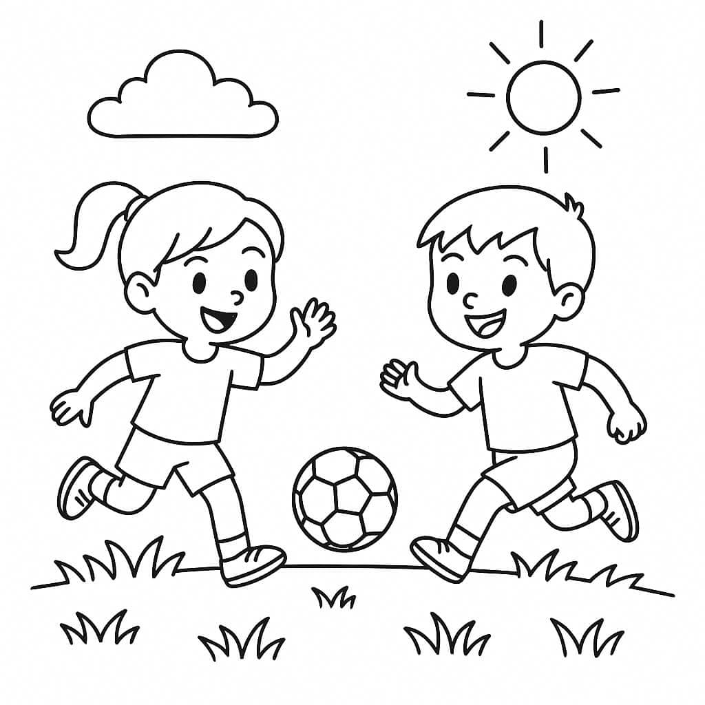 Crianças jogando bola na grama para colorir