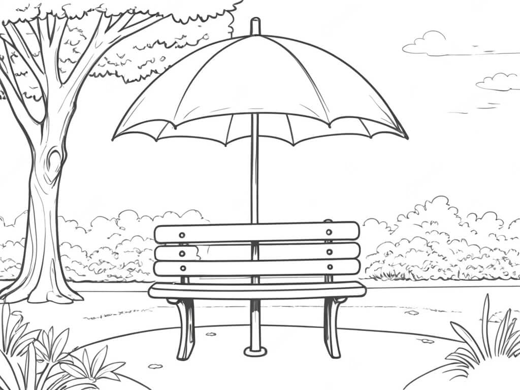 Guarda chuva no banco do parque para colorir