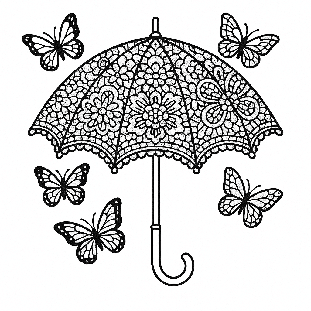 Guarda chuva decorado com borboletas para colorir