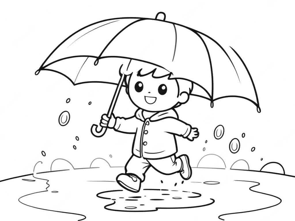 Criança com guarda chuva para colorir