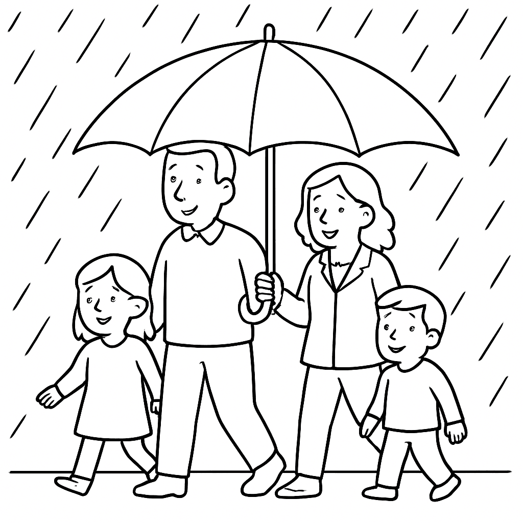 Família com guarda chuva na chuva para colorir