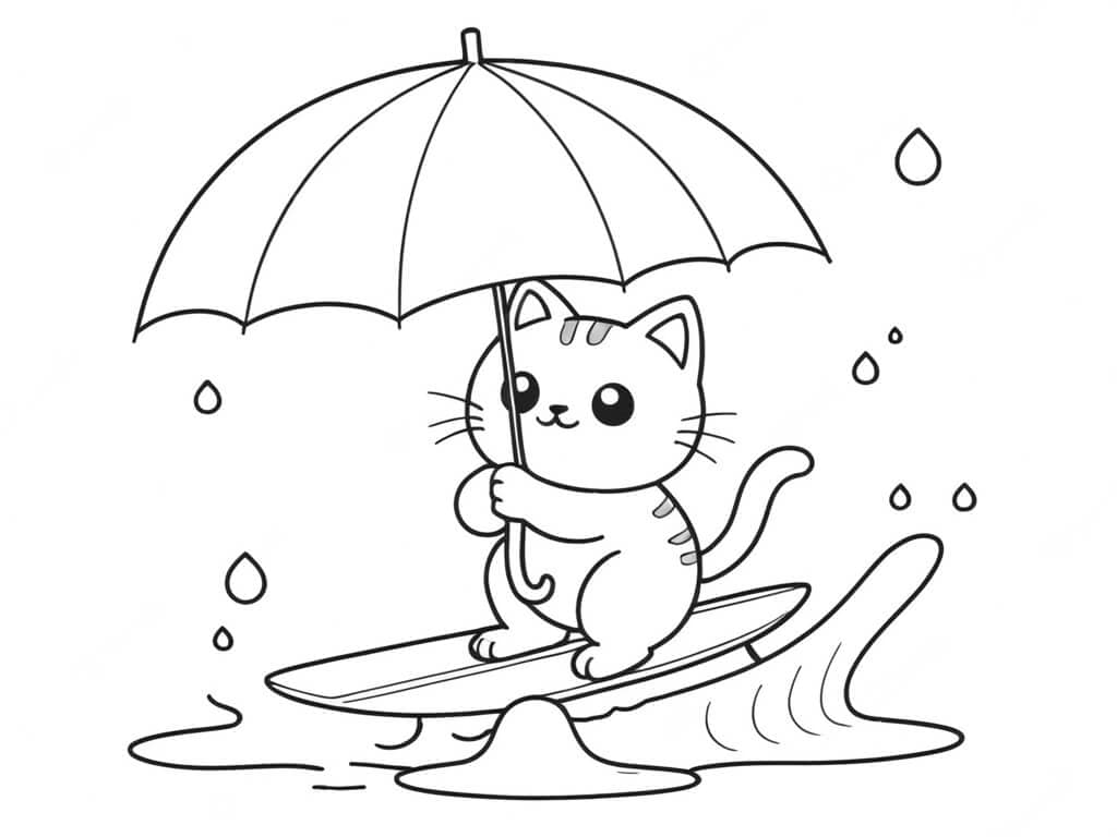 Gatinhos surfistas com guarda chuva para colorir