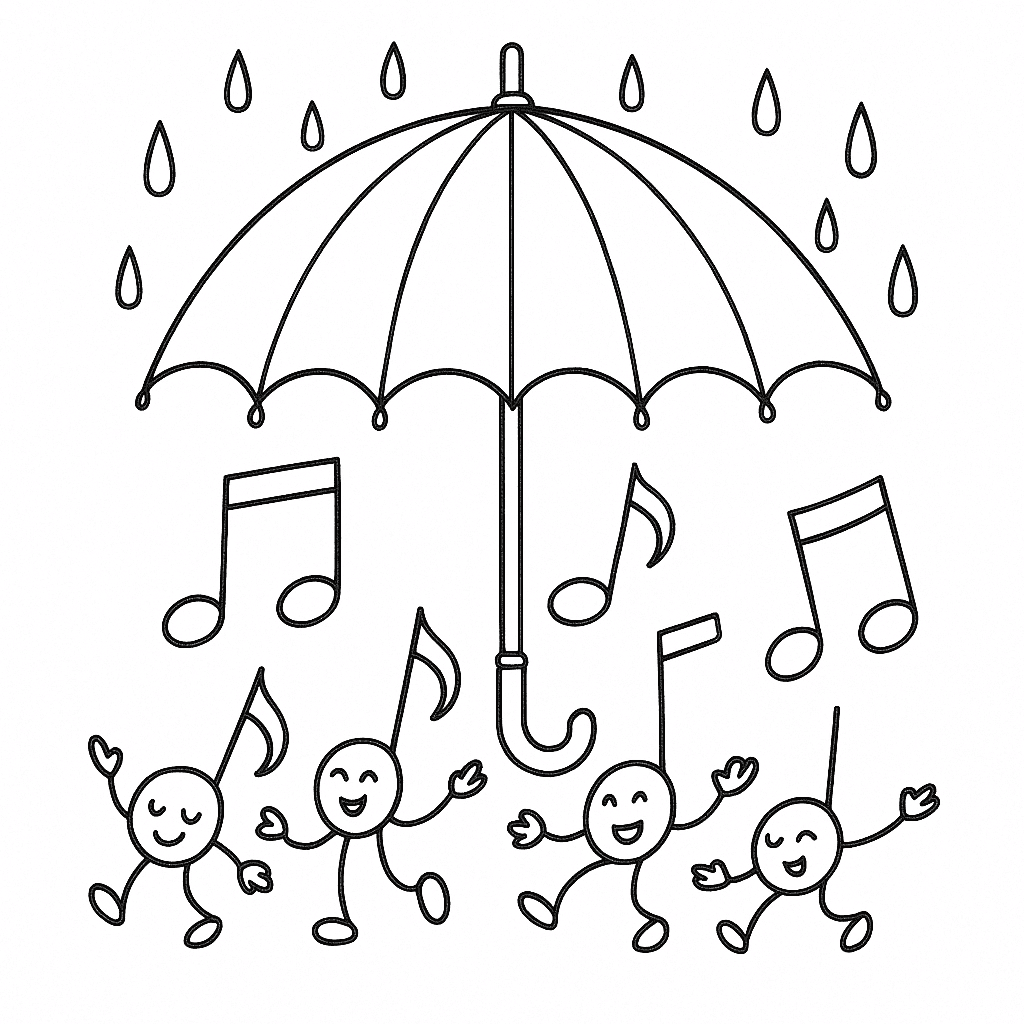 Notas musicais sob o guarda chuva para colorir