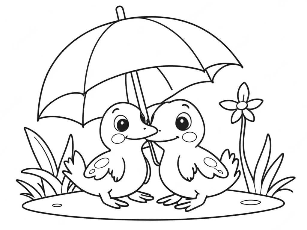 Patinhos sob guarda chuva para colorir