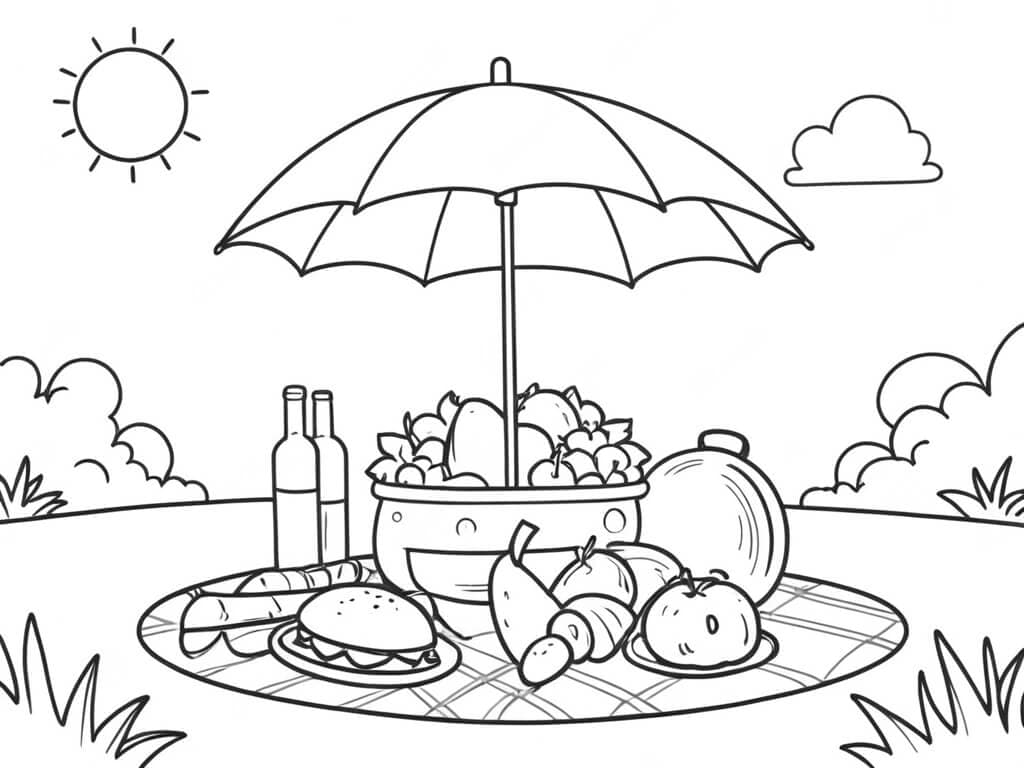 Guarda chuva protegendo comida para colorir