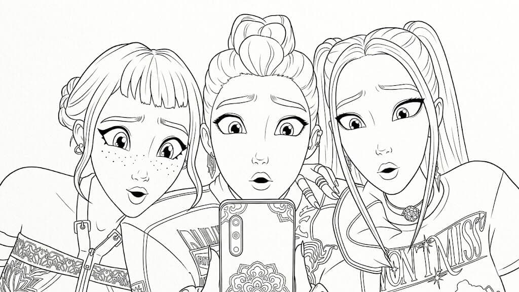 Guerreiras do K-Pop com celular para colorir