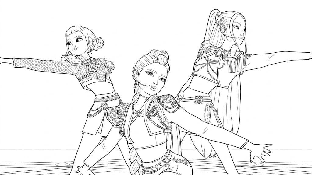 Guerreiras do K-Pop dançando para colorir
