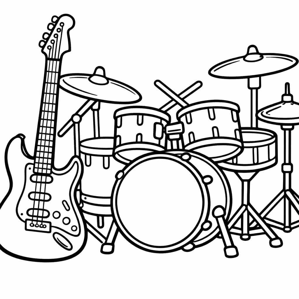 Guitarra e bateria para colorir