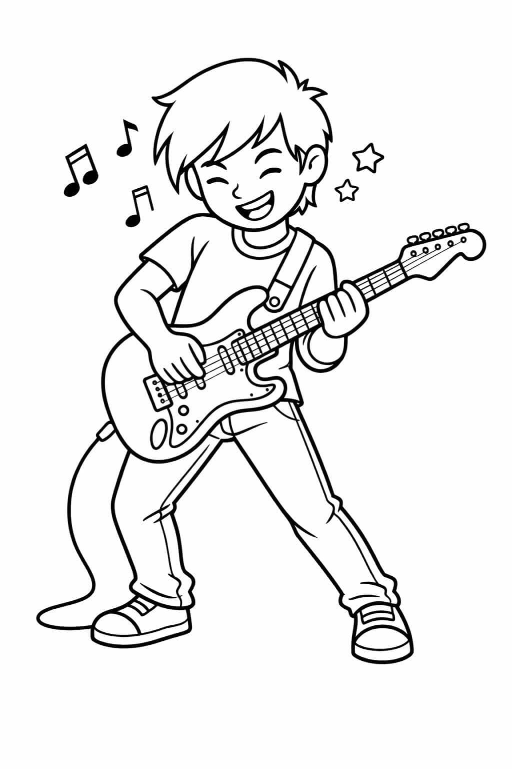 Guitarrista infantil tocando guitarra para colorir