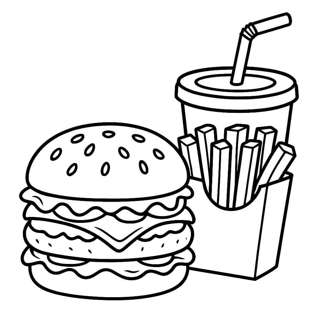 Hambúrguer, batata e refrigerante para colorir