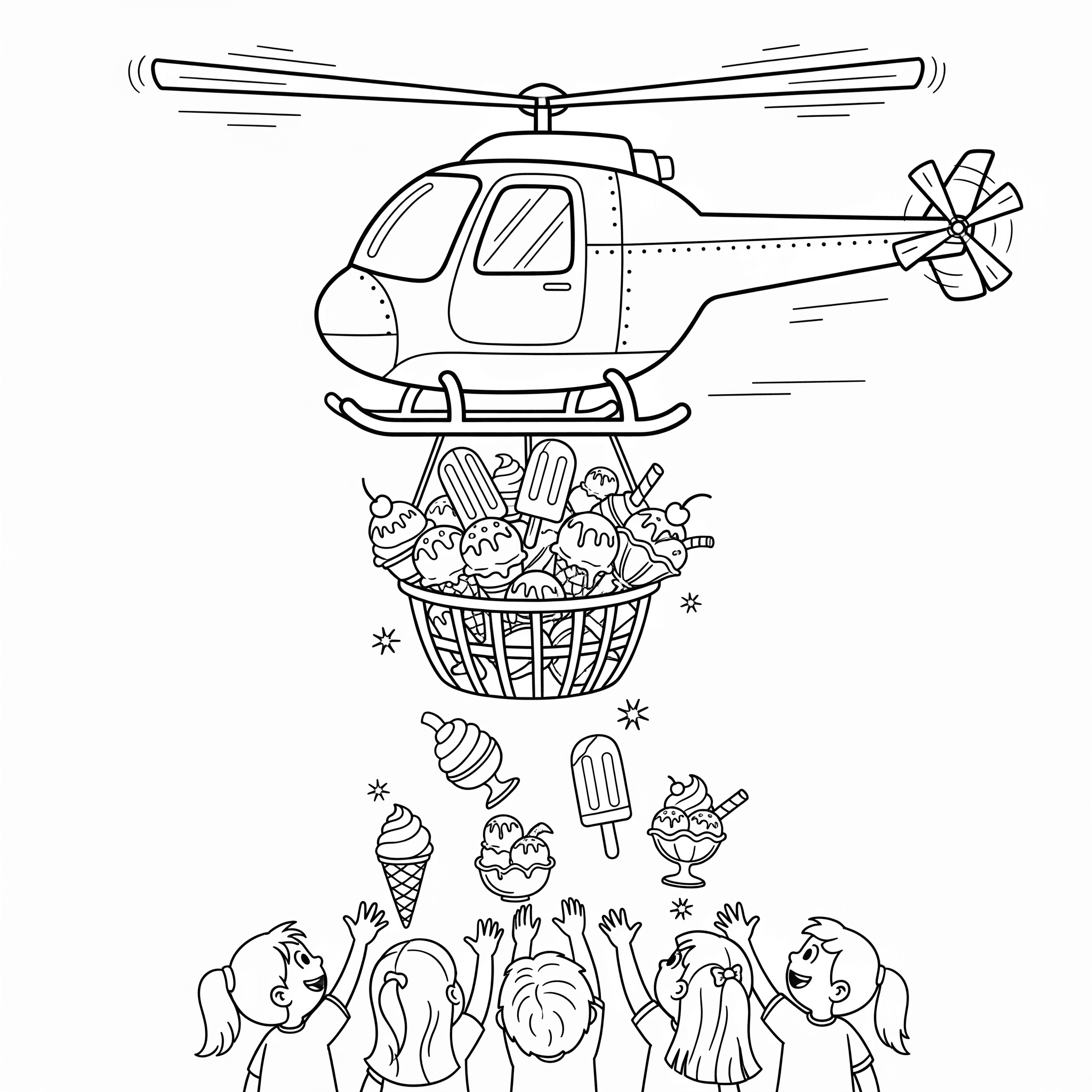 Helicóptero distribuindo doces para colorir