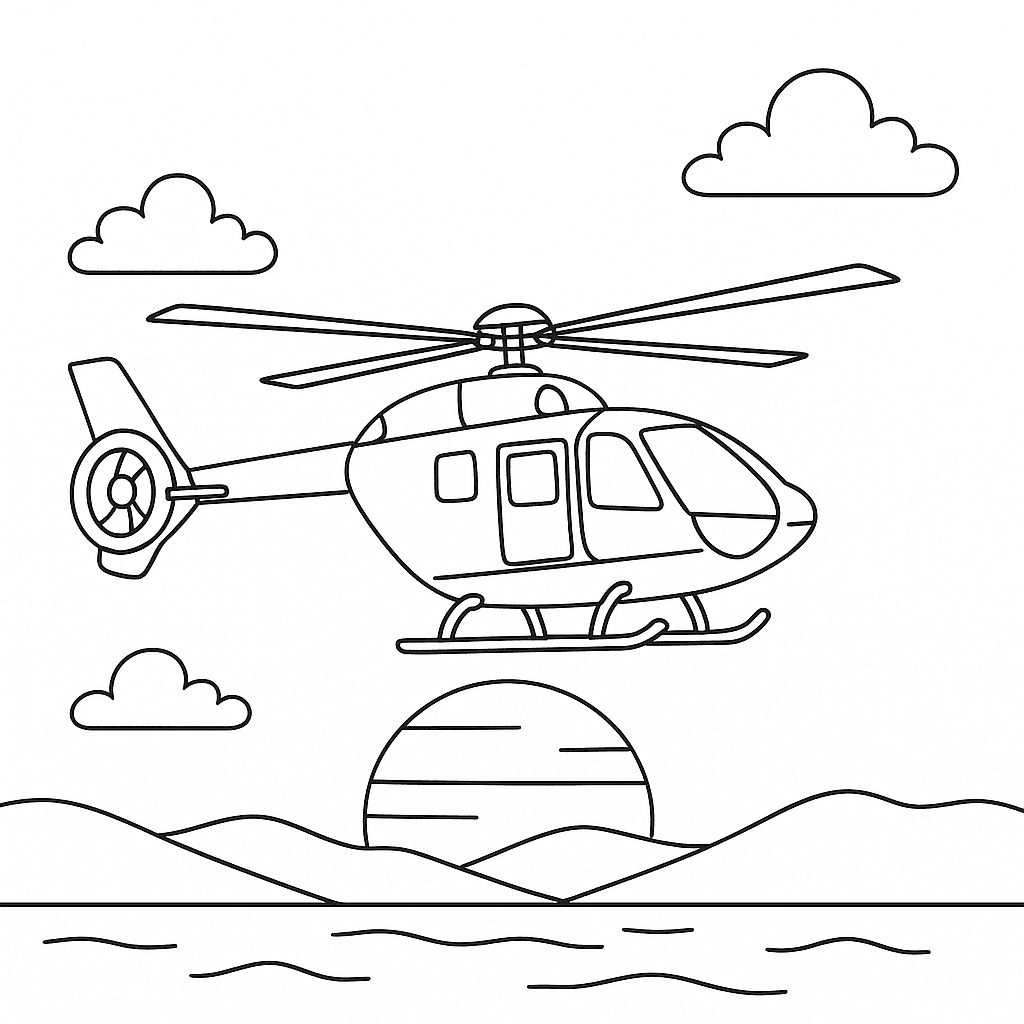 Helicóptero no pôr do sol para colorir
