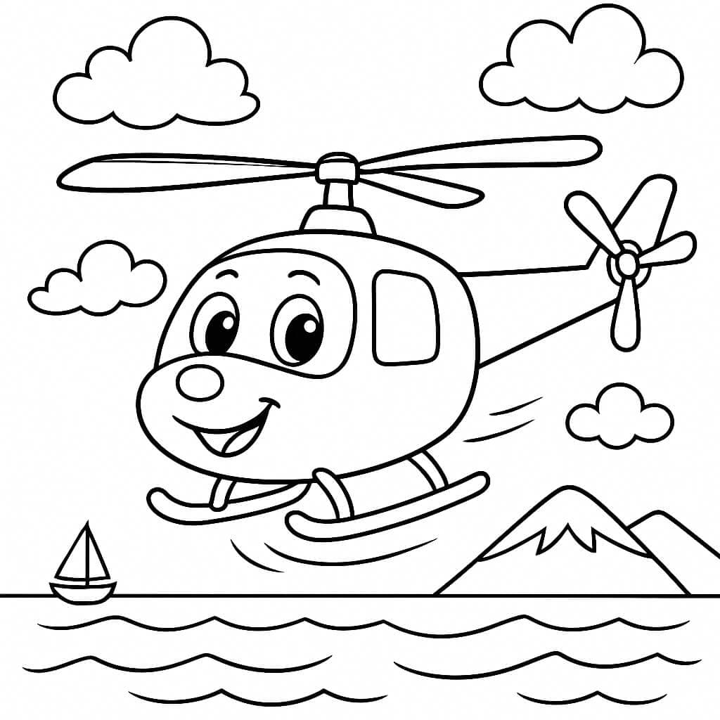 Helicóptero sorridente no mar para colorir
