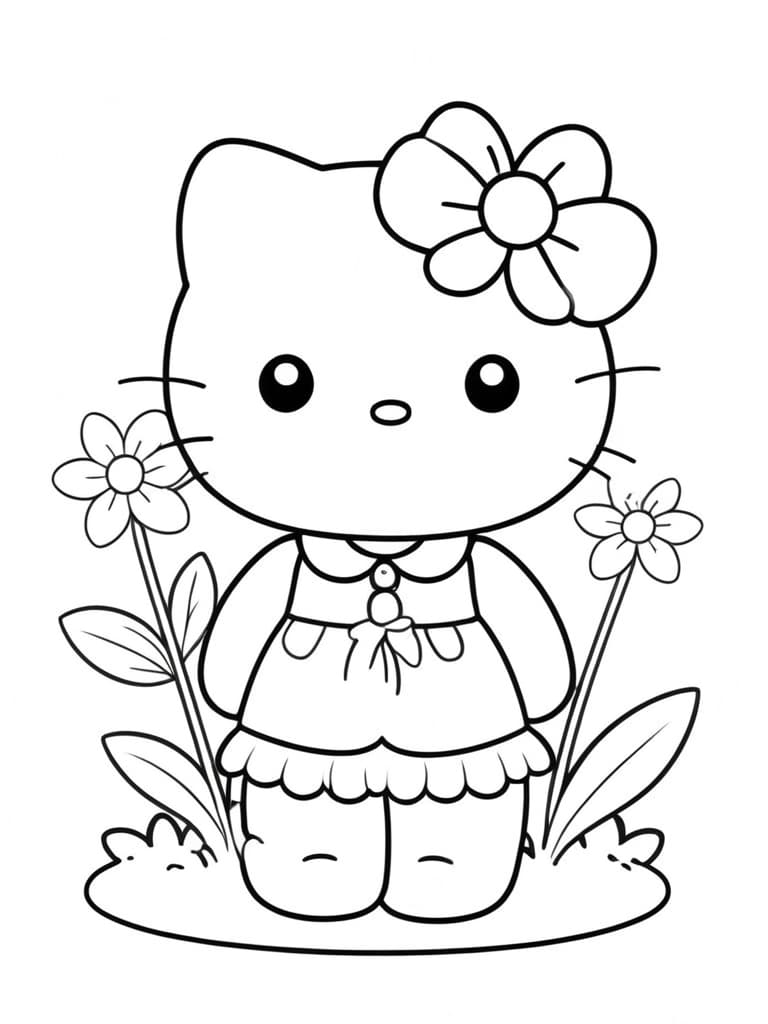 Hello Kitty em um campo com flores