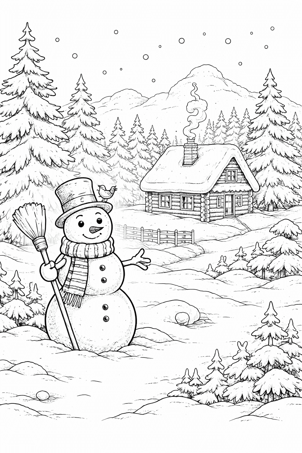 Boneco de neve e montanhas para colorir