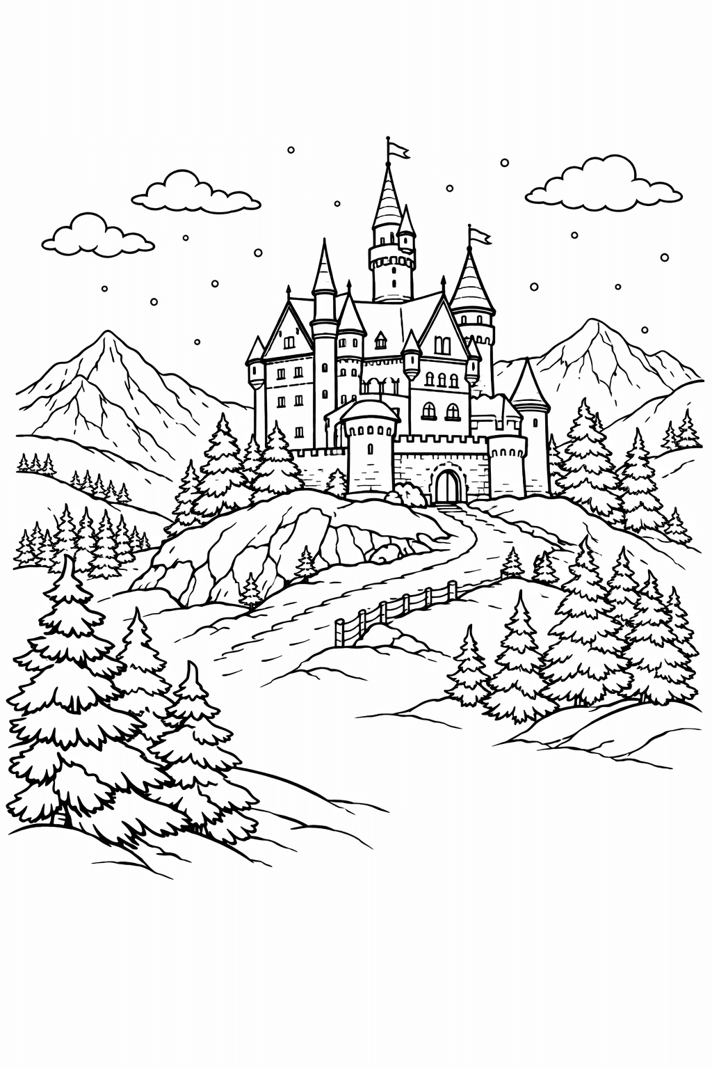 Castelo na colina nevada para colorir